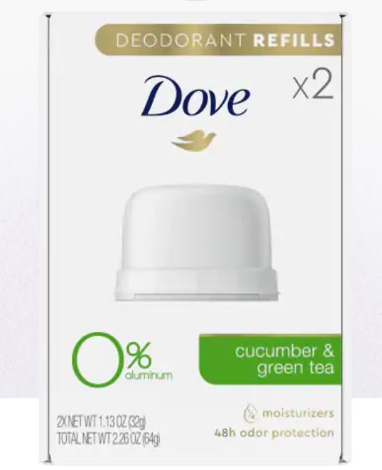 Dove Stick Deodorant Refills 0% Aluminum Cucumber & Green Tea Refill Kit Logo