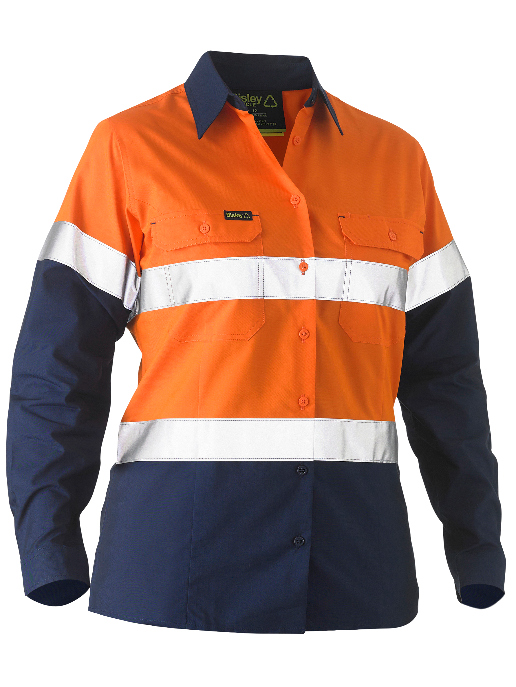 BISLEY RECYCLED: WOMEN'S TAPED TWO TONE HI VIS DRILL SHIRT BL6996T Logo